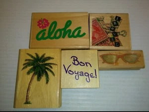 ASST. TRAVEL THEME RUBBER STAMPS: BON VOYAGE  ALOHA TRAVEL PALM TREE SUNGLASSES  - Picture 1 of 4