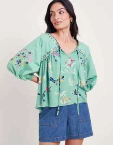 MONSOON Beautiful Maya Floral Embroidered Green Top Blouson Sleeve BNWT, Medium! - Picture 1 of 9