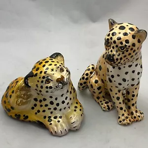 Vintage 60s Majolica JAGUAR/LEOPARD CUBS Hand Painted Glazed Ceramic Figurines - Picture 1 of 15