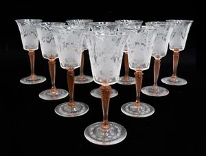 10 Steuben Acid Etched Glass White  Wine Goblets in Van Dyke Leaves and Flowers - Bild 1 von 8