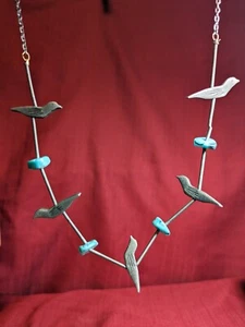 Vintage Native American Sterling Bird Natural Turquoise Necklace 19" Long - Picture 1 of 10