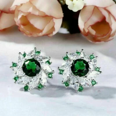 3Ct Round Cut Emerald & Diamond Women's Stud Earrings 14K White Gold Finish - Image 1 of 4