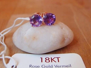 AAA Rose De France Amethyst 8mm Stud 18K Rose Gold 925 Sterling Silver Earrings - Picture 1 of 6