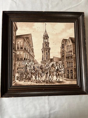 antikes Delfter gerahmtes Fliesen Tableau. St. Michaeliskerk. Handbemalt und signiert - Bild 1 von 4
