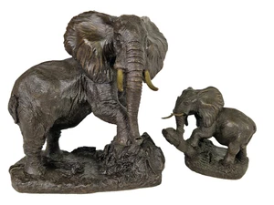 Heredities Bull Elephant Figurines RC Spouse large and small bronze tint resin - Picture 1 of 13