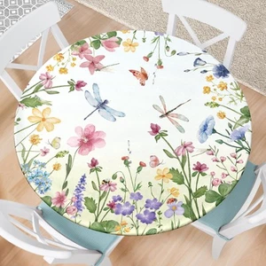 VBDFD Spring Floral Round Fitted Tablecloth with Elastic Waterproof Outdoor T... - Picture 1 of 8