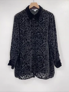 Carol Horn Button Up Blouse Women Large Floral Velvet Burnout Long Sleeve Black - Picture 1 of 10
