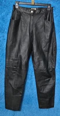 Calça de Couro Genuíno Preta Vintage FORENZA Cintura Alta Perna Reta Tamanho 14 - Imagem 1 de 4