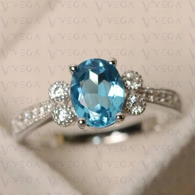 3.50 Carat Oval Cut Natural Topaz and Diamond Wedding Ring 18K White Gold Plated - Image 1 of 4