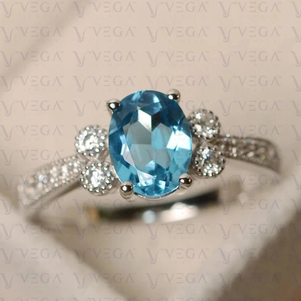 3.50 Carat Oval Cut Natural Topaz and Diamond Wedding Ring 18K White Gold Plated - Image 1 of 4
