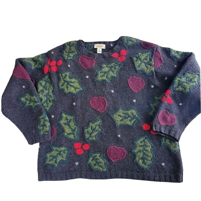 Vintage 90s Christmas Sweater Wool Gray Sweater Holly Berries Sz Large L Chunky - Image 1 of 4