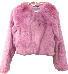 PRIMARK WOMENS MAUVE PINK FAUX FUR CROPPED JACKET SHAGGY COAT SZ 10 - Picture 1 of 5
