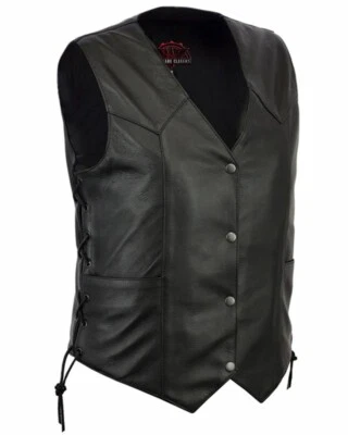 Women leather Biker Vest with Unique V-Shaped Design with Side Laces and Pockets - Image 1 of 4
