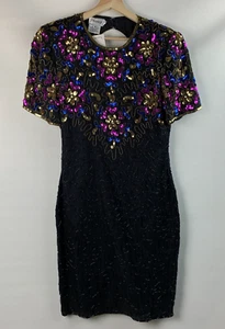 Stenay Cocktail Dress Black Multi Sequin Bead Zip Short Sleeve Lined Size 6 NEW - Picture 1 of 16