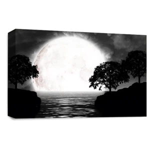 Large Seascape Wall Art Print Black White Big Moon Landscape Framed Picture - Picture 1 of 6