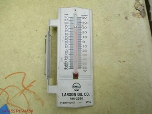 VINTAGE SHELL OIL CO GAS TIN THERMOMETER LARSON OIL CO HAMMOND WISCONSIN - Picture 1 of 4