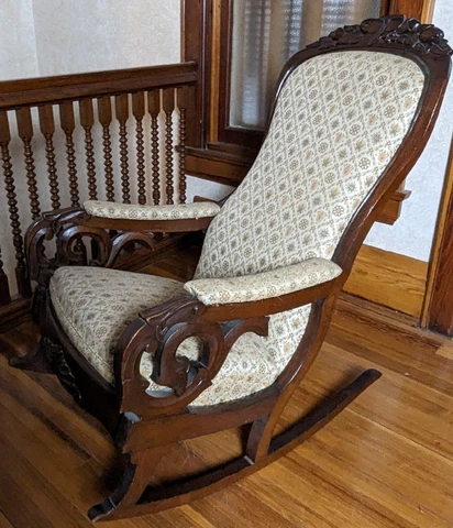 Antique Upholstered Carved Mahogany Lincoln Rocking Chair - see photos and video Cover