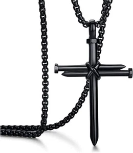 Men's Stainless Steel Nail Cross Pendant Necklace with 24In Chain Polished Black - Picture 1 of 10