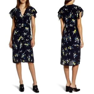 Lewit Navy Blue Floral Print 100% Silk Midi Dress Size 10 - Picture 1 of 12