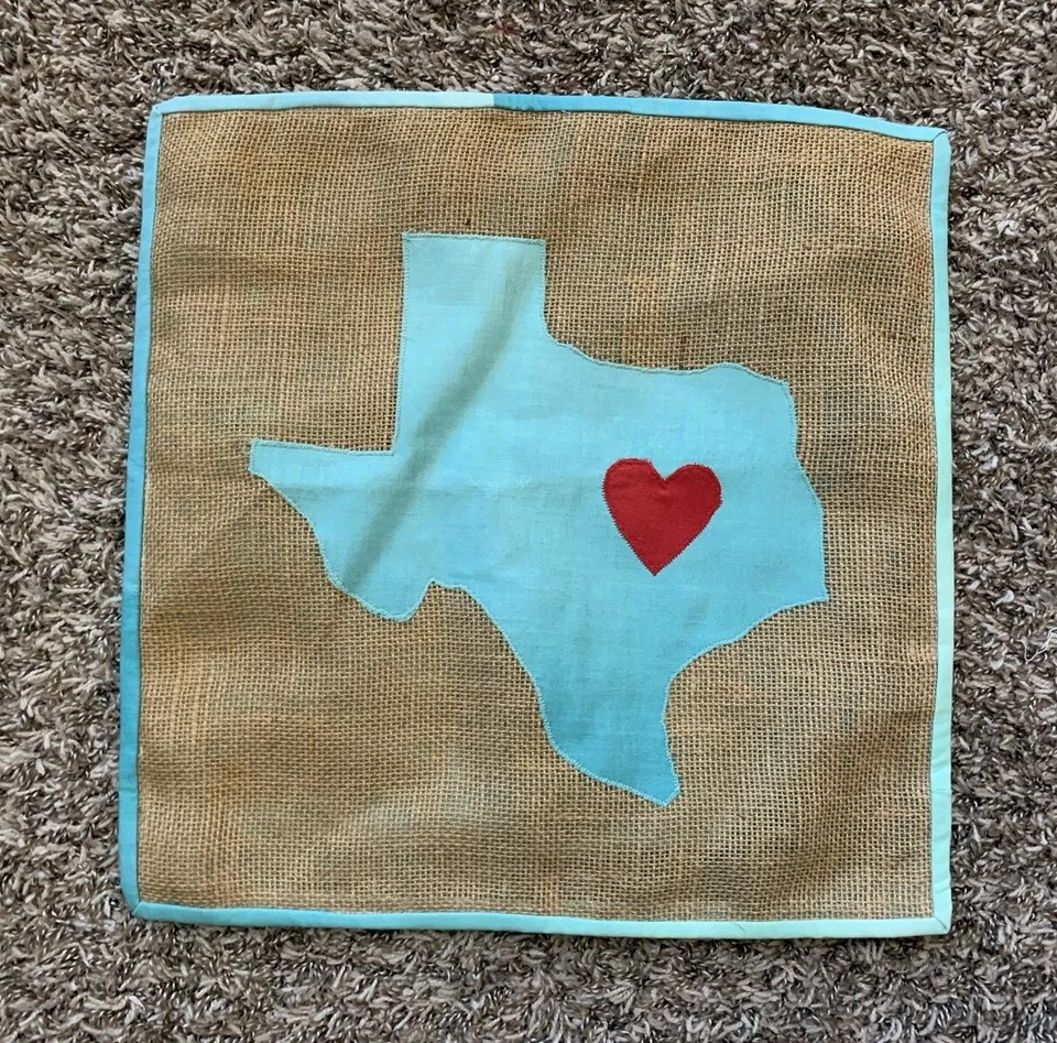 Handmade Country Heart Of Texas Burlap Throw Pillow Case Sham 16.5” Teal Ombré - Image 1 of 3