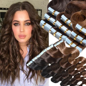 20-60pcs Wavy Tape In Human Hair Extensions Skin Weft Full Head Brown Real Thick - Picture 1 of 28