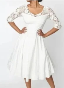 TIMELESS LONDON White Lace Bridal 3/4 Lace Sleeves Swing Dress*Size SMALL**NWT** - Picture 1 of 8