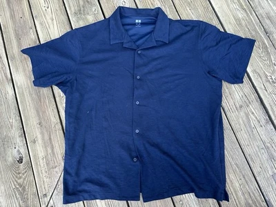 [208] Camisa Uniqlo Airism XL Para Hombres Azul Marino Manga Corta Botón Seco Tacto Fresco Foto 1 de 4