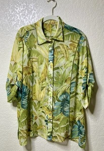 Vintage transparente Chiffon Bluse Damen XL grün gelb Blumen 3/4 Arm Y2K Tunika Oberteil - Bild 1 von 11