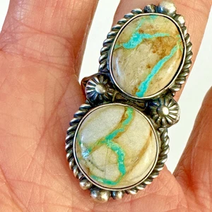 Navajo Band Türkis Ring 2 Steine Größe 7 signiert R Shakey lang Sterling - Bild 1 von 7
