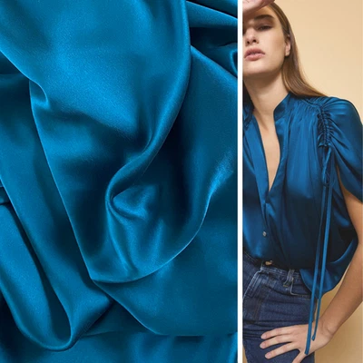 Tela Charmeuse satinada seda azul verdoso: 19 mm espalda de crepé italiano-42" de ancho Foto 1 de 4