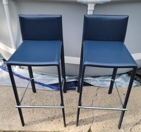 AIRNOVA Italy Modern Chairs Style Bar-Stool Bucket 2 Blue Chairs Italian Leather Cover