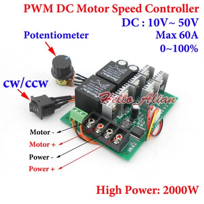 DC 10-50V 12V 24V 36V 60A PWM DC Motor Speed Controller CW CCW Reversible Switch - Image 1 of 4
