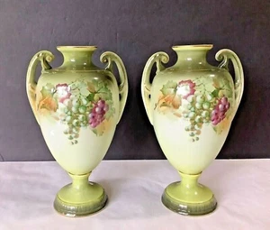 Two VTG Hand Painted Grapes Germany Porcelain 10-1/2” Tall Vases signed A. Koch - Picture 1 of 8