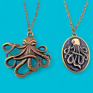 STEAMPUNK OCTOPUS NECKLACE LOT bronze chain cameo jolly roger pirate cthulhu B2 - Picture 1 of 4