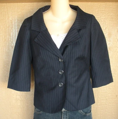 Merona 4 Navy Blue Pinstripe 3/4 Sleeve Three Button Lined Dress Jacket Blazer - Image 1 of 4