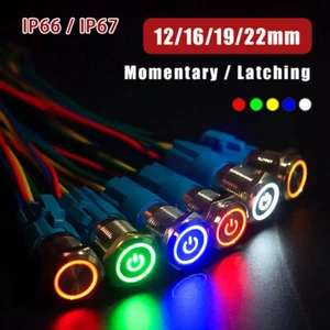 Metal Push Button Switch Round 12/16/19/22mm LED Light On Off with Wire Socket - Picture 1 of 24