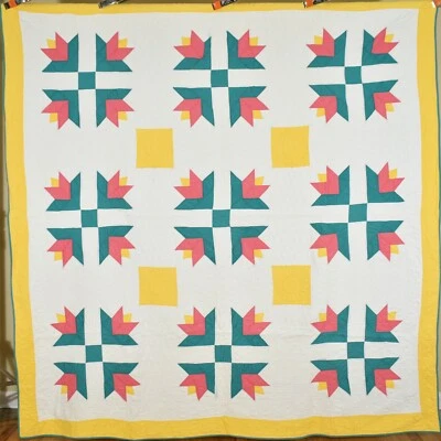 Large, Beautiful Vintage 30's "Modern Tulip" Antique Quilt ~CHEERY COLORS! - Image 1 of 4