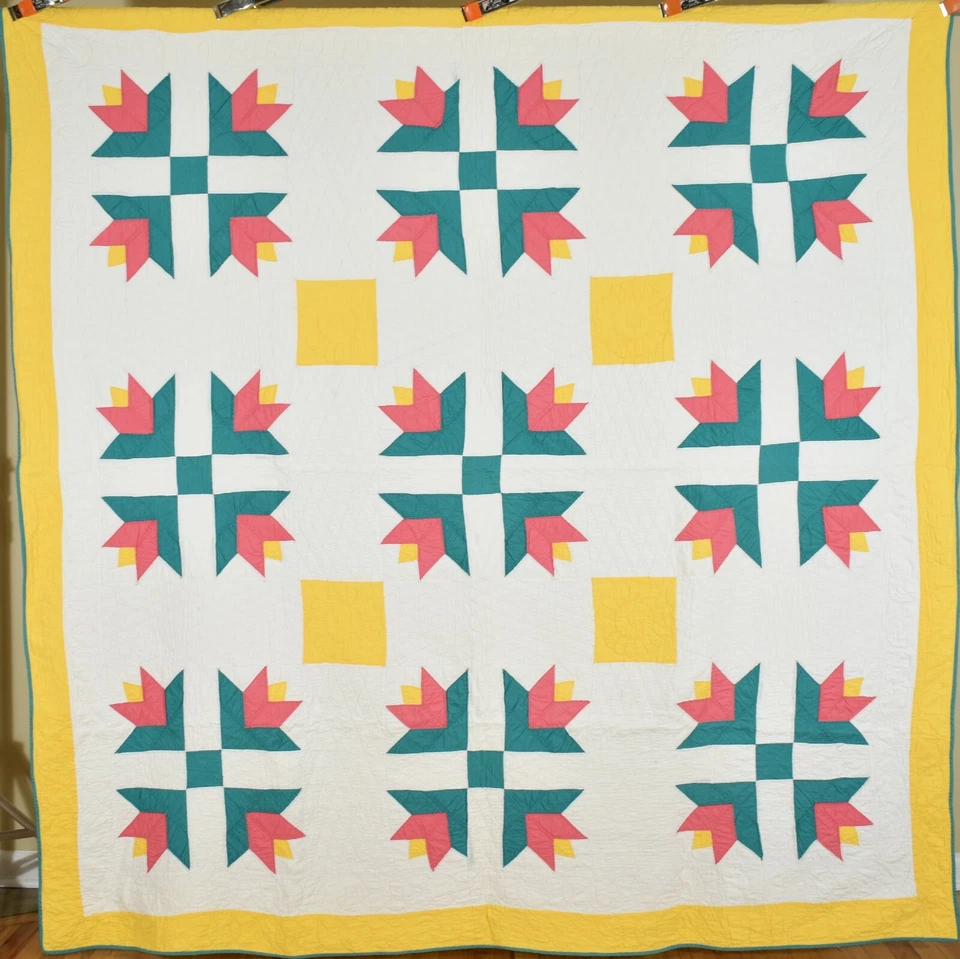 Large, Beautiful Vintage 30's "Modern Tulip" Antique Quilt ~CHEERY COLORS! - Image 1 of 4