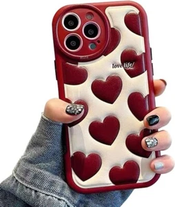 Case Cute Leather Red Heart Fashion 3D Heart Water Ripp iPhone 16 Pro & Pro Max - Picture 1 of 7