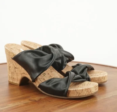 Aerosoles Womens Mercer Sandals Cork Wedge Heel Black Twisted Slide Manmade 9M - Image 1 of 4