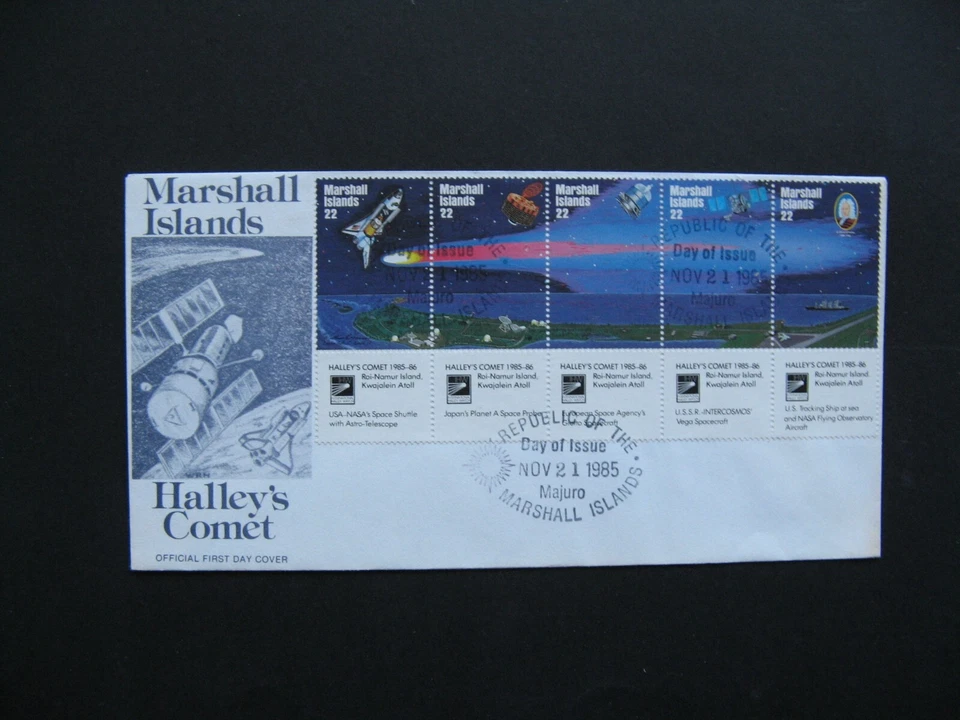 MARSHALL ISLANDS, cover FDC 1985, strip of 5 Halley's Comet, astronomy - Image 1 of 1