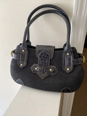 Bolso de Hombro Eric Javits Negro Tejido Paja Cocodrilo Cuero Repujado Foto 1 de 4