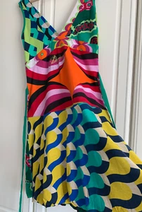 Desigual Multi Colour Abstract Print V-Neck Attached Tie Belt Dress Size L - Picture 1 of 11