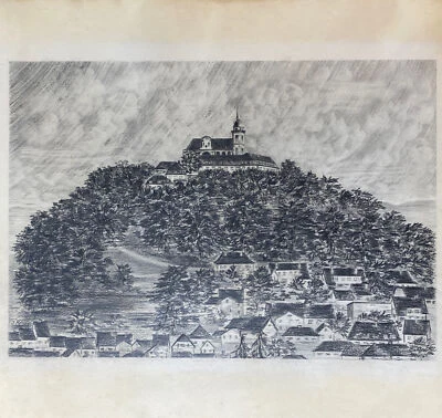 Dibujo a lápiz original vintage paisaje ciudad firmado por el artista J Krupp Foto 1 de 4