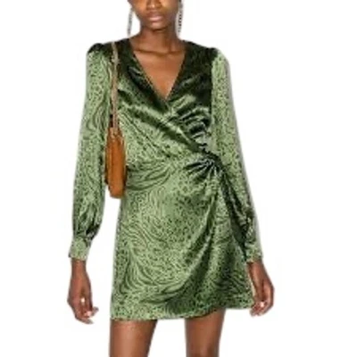 Mini Vestido Reformation Kenna Verde Seda Leopardo Envolvente M Manga Larga Fiesta Usado en Excelente Condición Foto 1 de 4