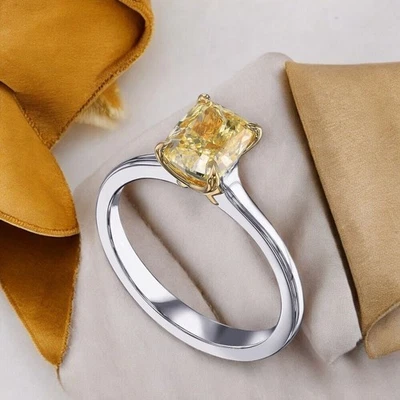 Yellow Diamond Ring IGI Fancy Vivid Cushion Cut 1.20 Ct Lab Grown 18K White Gold - image 1 of 4