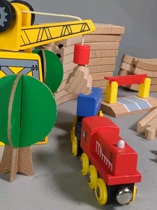 Melissa & Doug Wooden Train Set Lot w/ Crane, Tracks, Cars & Accessories - Picture 1 of 10
