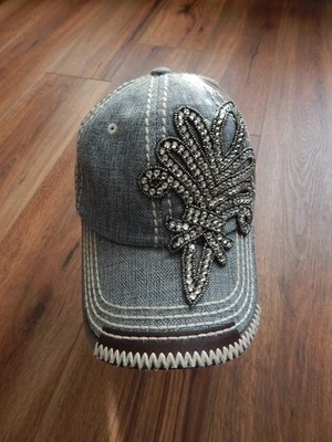 "Olive & Pique" Gray Twill/Brown Canvas Strap Back Cap w/Rhinestone Fleur De Lis - Image 1 of 4