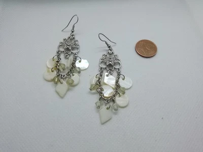 Süße Sommer Ohrringe Hänger Ohrhänger Perlmuttweiß silber Strass 8 cm Blüten - Bild 1 von 3