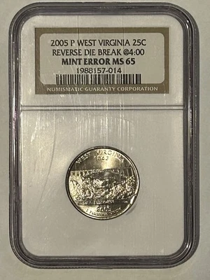 Mint Error 2005 P 25C Washington W Virginia Rev Die Break @ 4:00 NGC MS 65 - Image 1 of 2